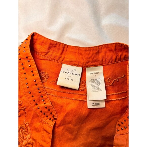 Emma James Womens Blouse Top Orange Beaded Floral Embroidered Size 12P Cotton - Picture 6 of 9